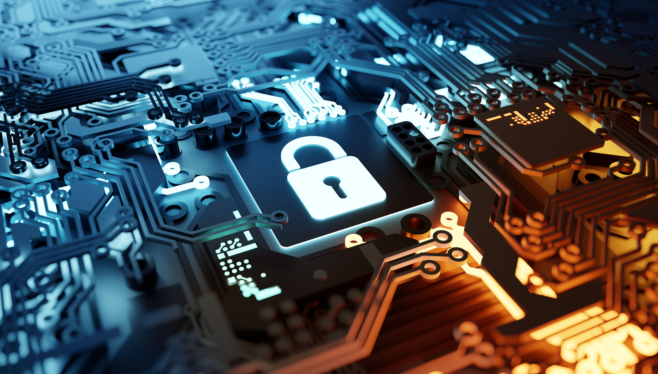 Close-up of a computer circuit board with glowing blue and orange pathways, featuring a bright padlock icon at the centre, representing cybersecurity and data protection.